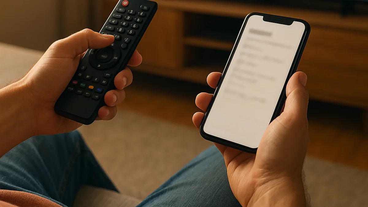 Pessoa configurando um aplicativo de IPTV com o controle da TV em uma mão e o celular na outra