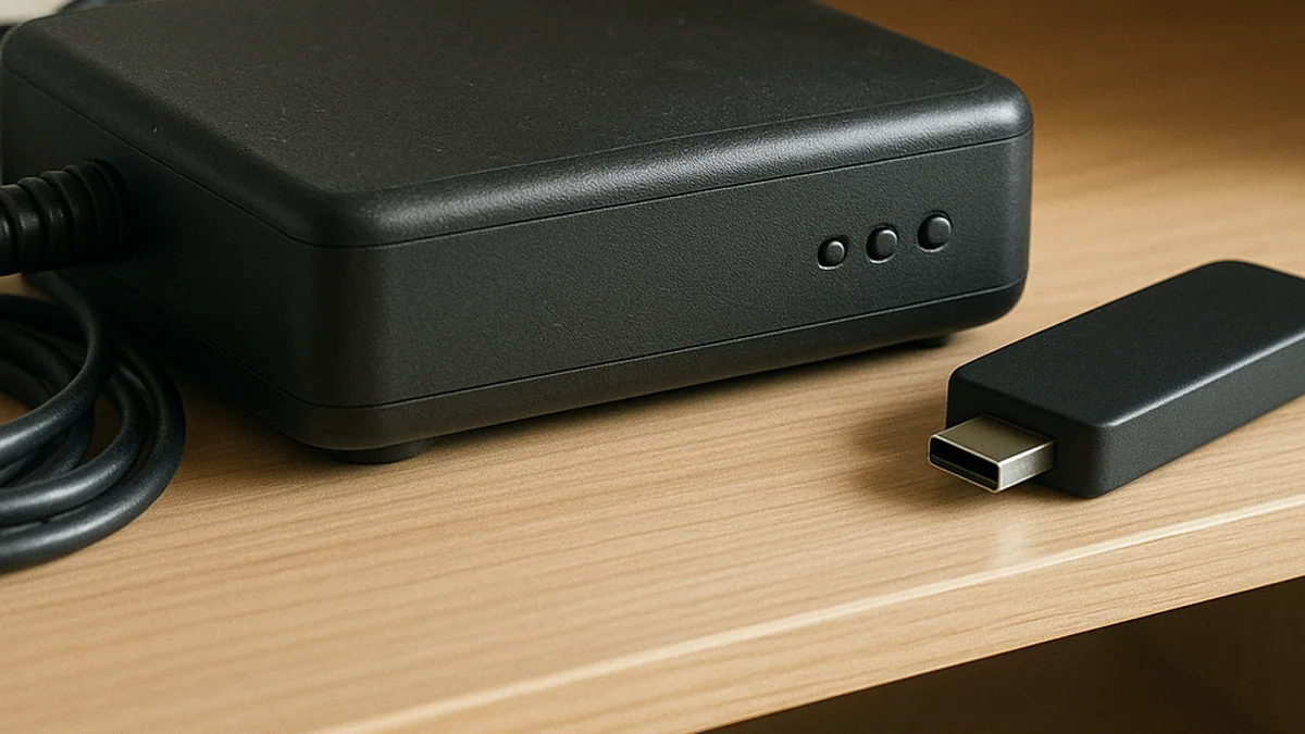 Decodificador antigo de TV a cabo ao lado de um stick de streaming sobre o rack