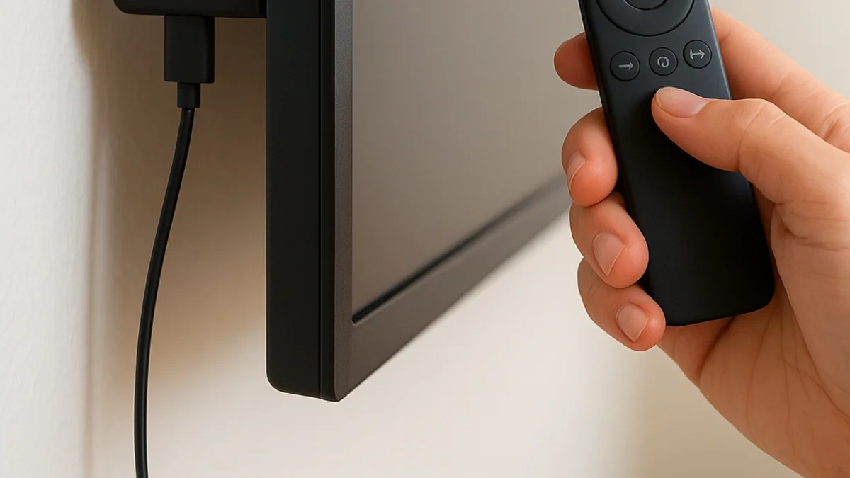 Fire TV Stick encaixado na entrada HDMI lateral de uma TV