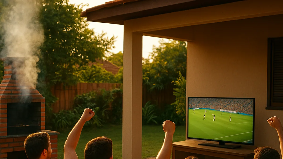 Futebol exibido na TV da varanda durante um churrasco entre amigos