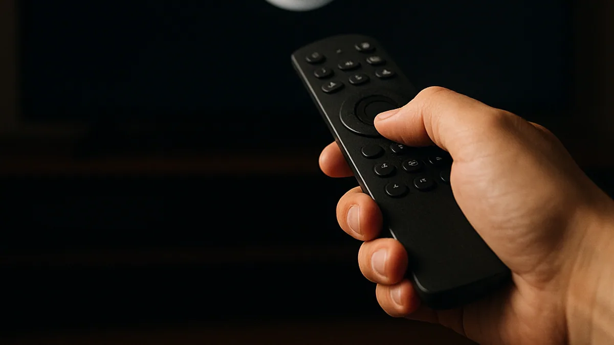 TV exibindo um círculo de carregamento, com o controle remoto na mão de quem assiste