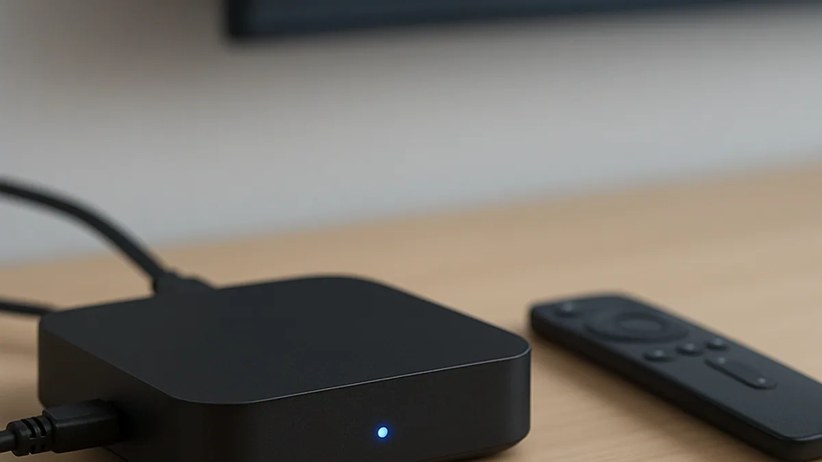 TV Box ligada na entrada HDMI de uma TV, no rack da sala
