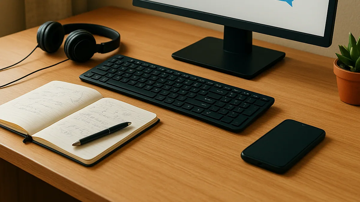 Mesa do atendimento com computador, headset e caderno de anotações