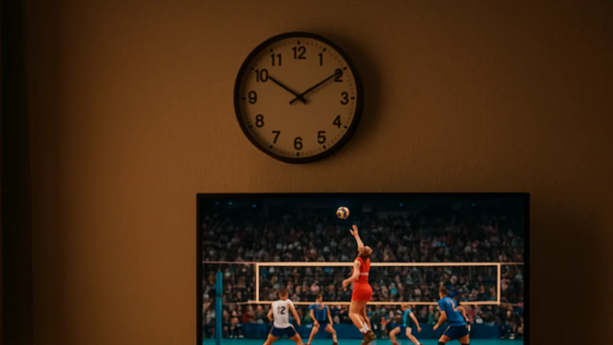 Relógio de parede marcando a noite acima da TV ligada na sala