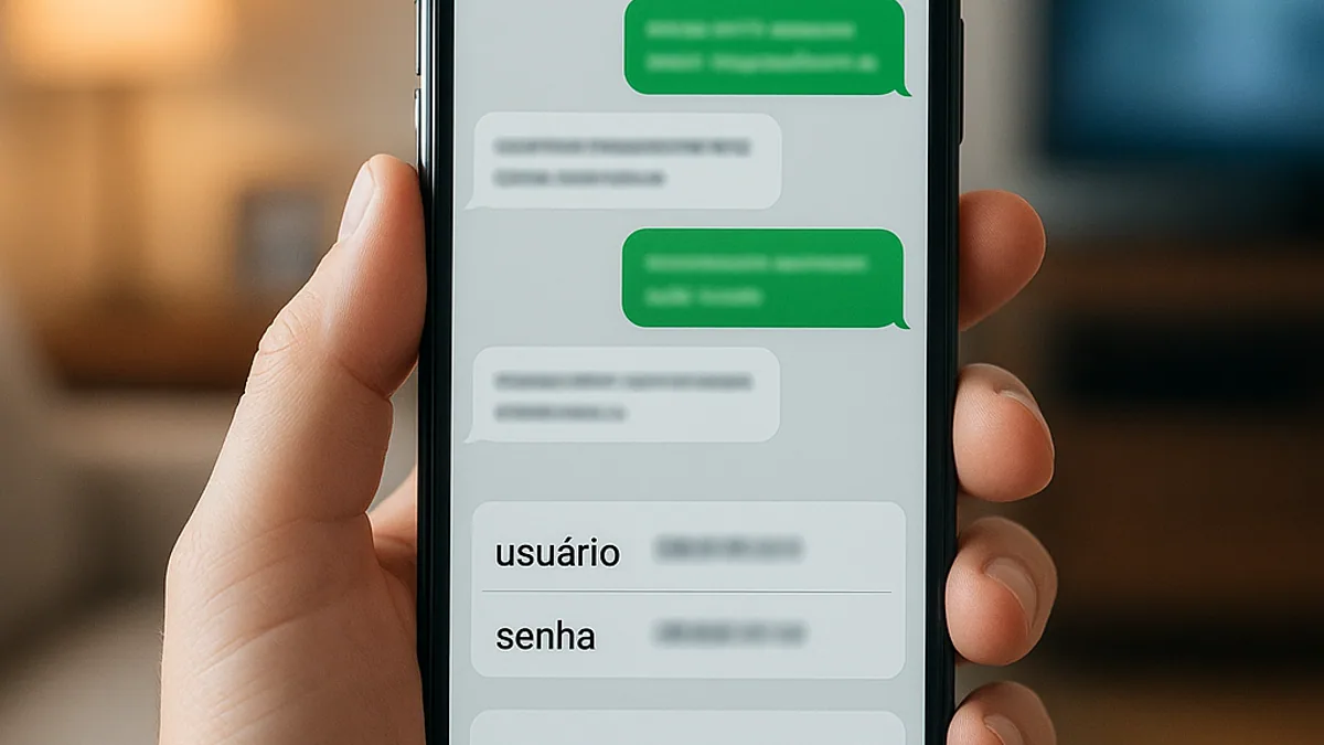 Mão segurando o celular com os dados de acesso do teste no WhatsApp, TV ligada ao fundo da sala